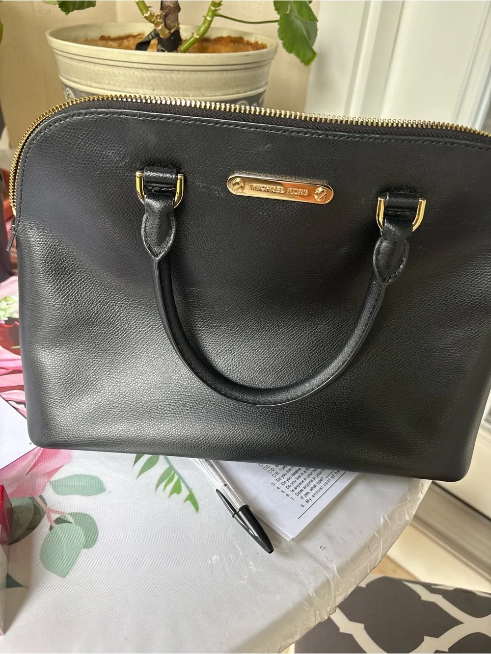Michael Kors Black Leather Dome Satchel with Gold Hardware